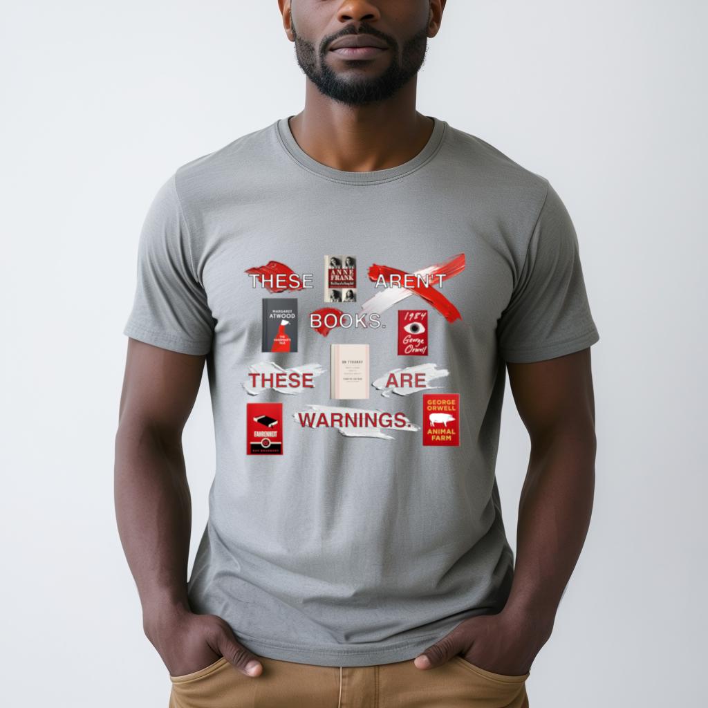 Literary Warning Unisex Softstyle T-Shirt, Book Lover Gift, Radical Book Covers Tee, Fahrenheit 451, 1984, Animal Farm, Handmaid's Tale, - View 1