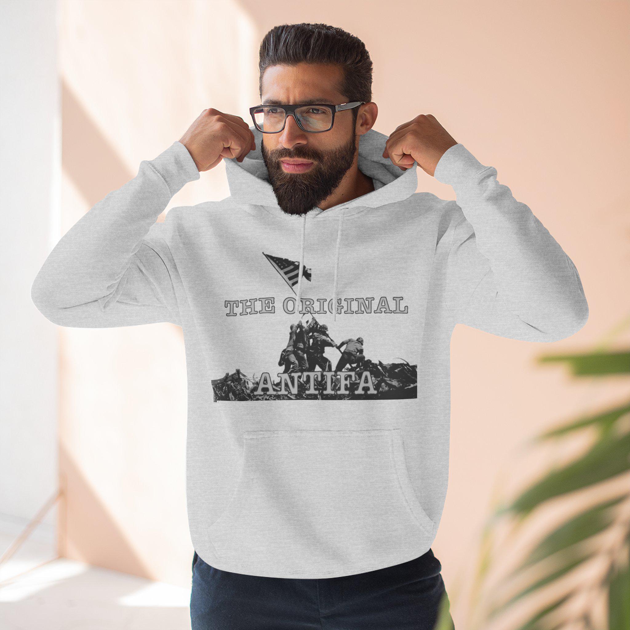 Three-Panel Fleece Hoodie - WWII Iwo Jima Flag Raising - "The Original Antifa" | Patriotic Military History | Veterans Gift Unisex - View 2