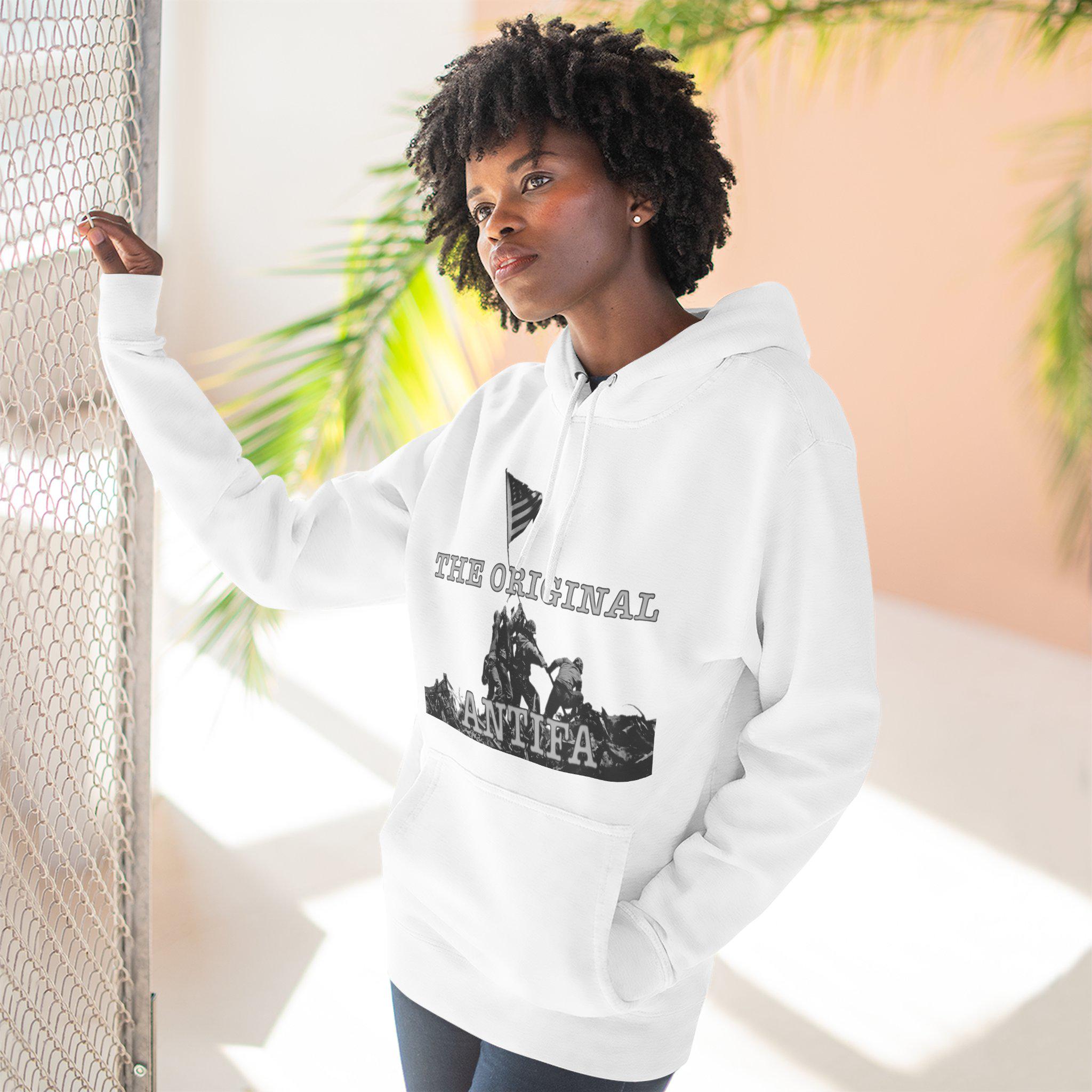 Three-Panel Fleece Hoodie - WWII Iwo Jima Flag Raising - "The Original Antifa" | Patriotic Military History | Veterans Gift Unisex - View 3